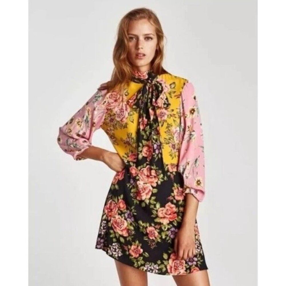ZARA WOMAN XS Yellow Pink Floral Long Sleeve Tie Neck Mini Dress